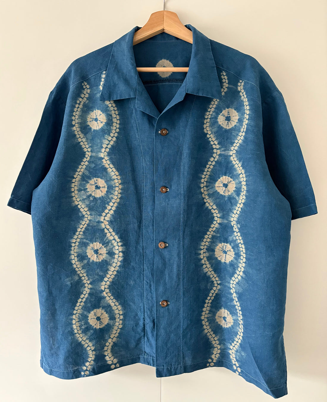 Indigo dyed Irish linen open collar shirt 