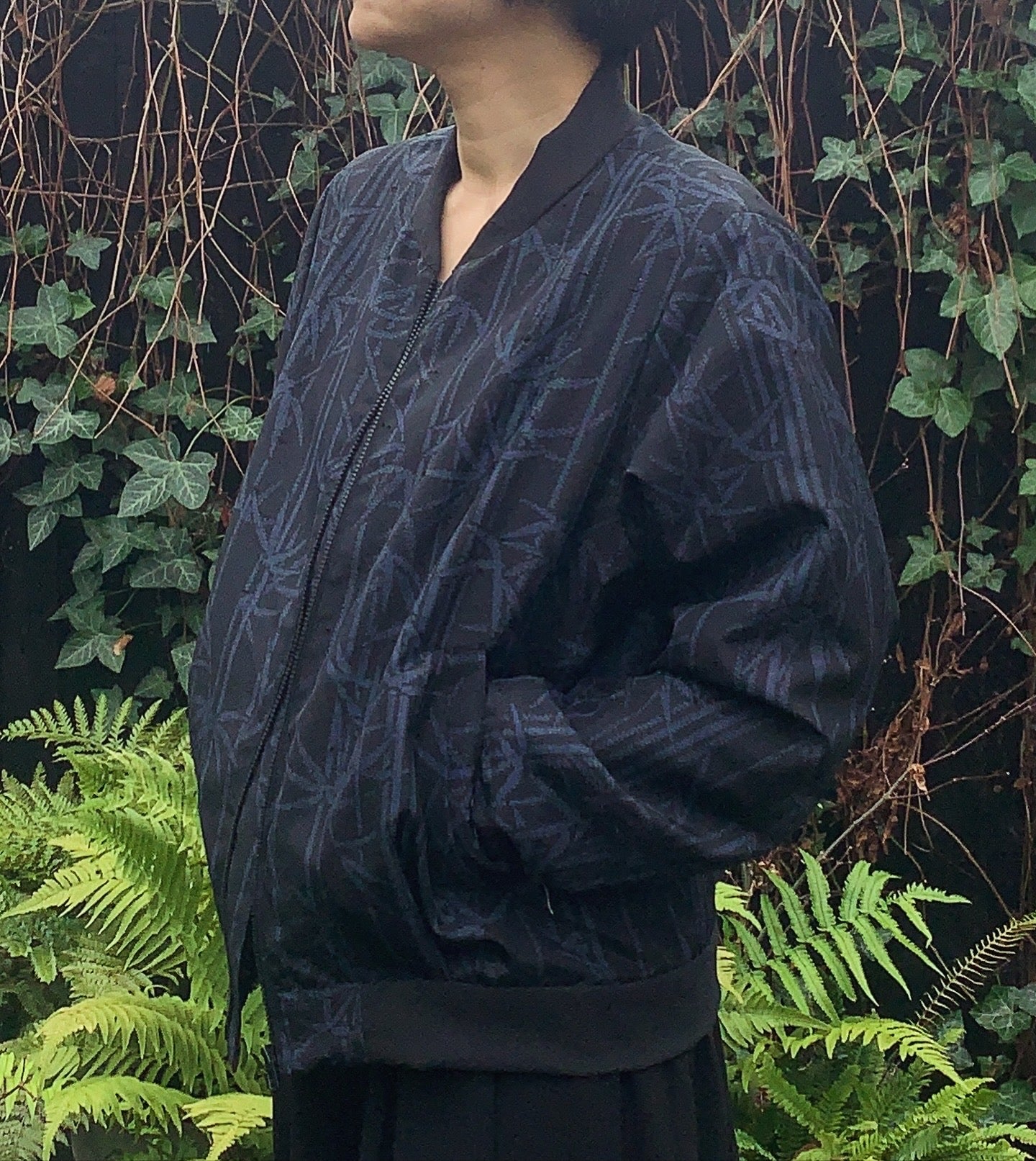 Upcycled silk kimono Bomber Jacket  with bamboo motif - Mens Small image 1