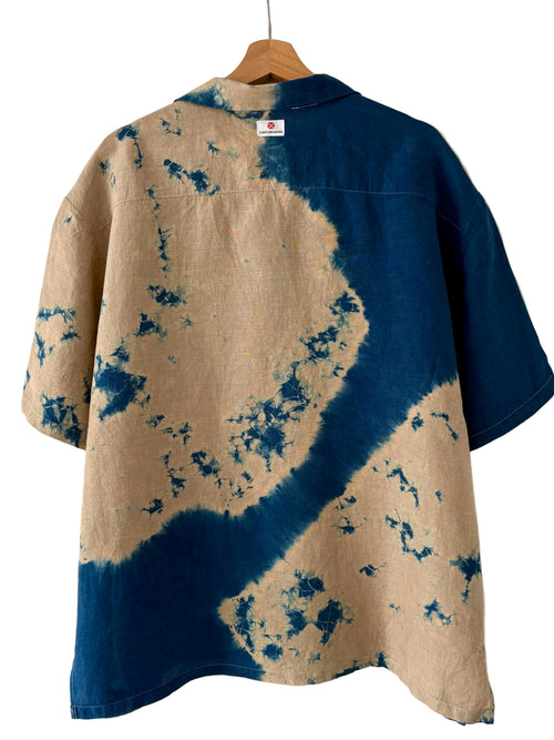 Genya 幻夜 - dreaming night - Irish linen Men’s open collar shirts dyed with organic indigo - Large