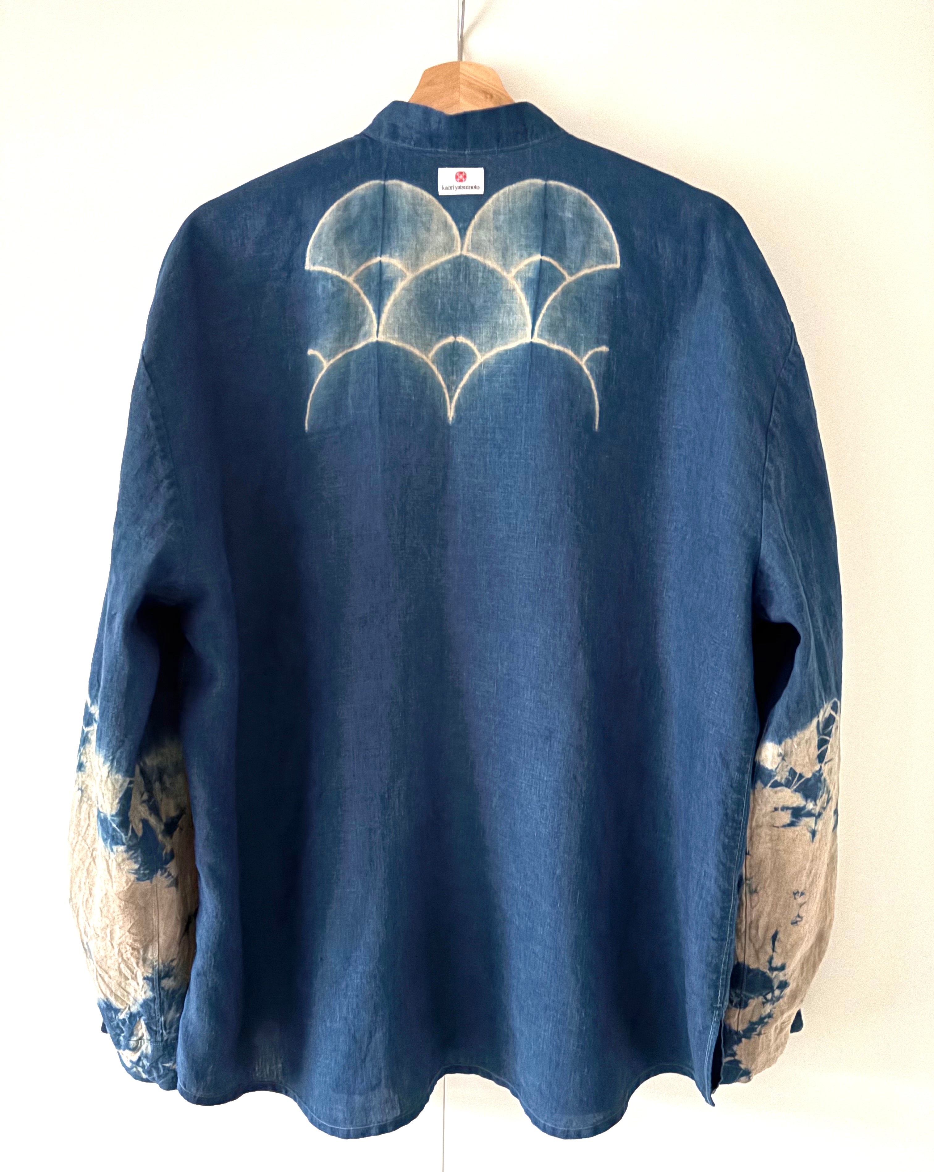 Irish linen shirt hand shibori dyed with organic indigo - Seigaiha - wave  image 2