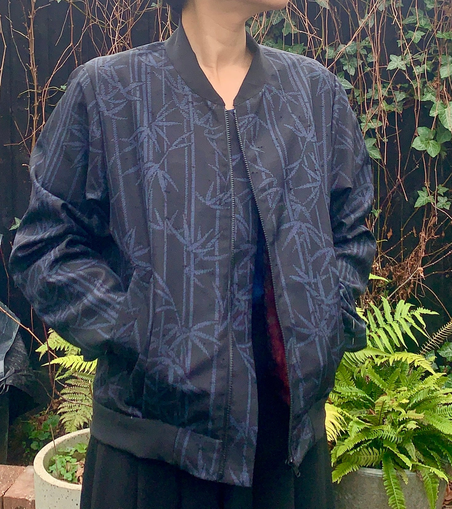 Upcycled silk kimono Bomber Jacket  with bamboo motif - Mens Small image 0