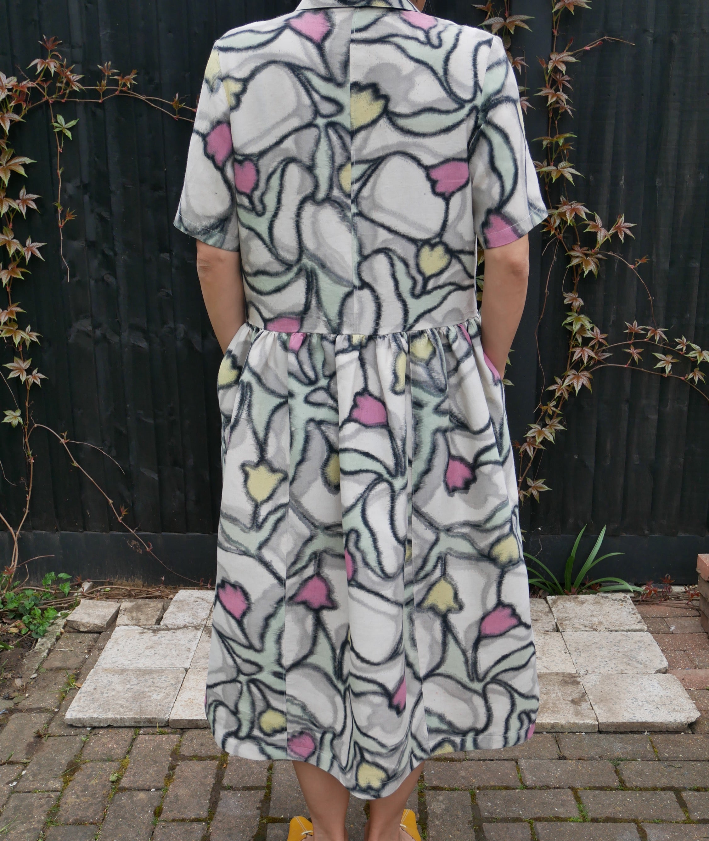 Upcycled Meisen Silk Kimono tulip motif dress with pocket image 3