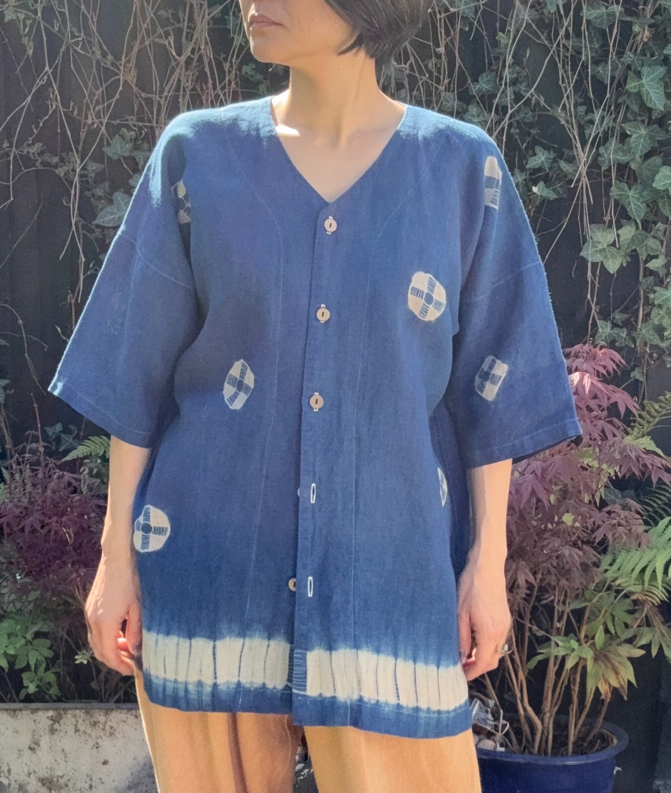 Dabo /Baseball Irish linen shirt with Juji shibori dyed with natural indigo image 0