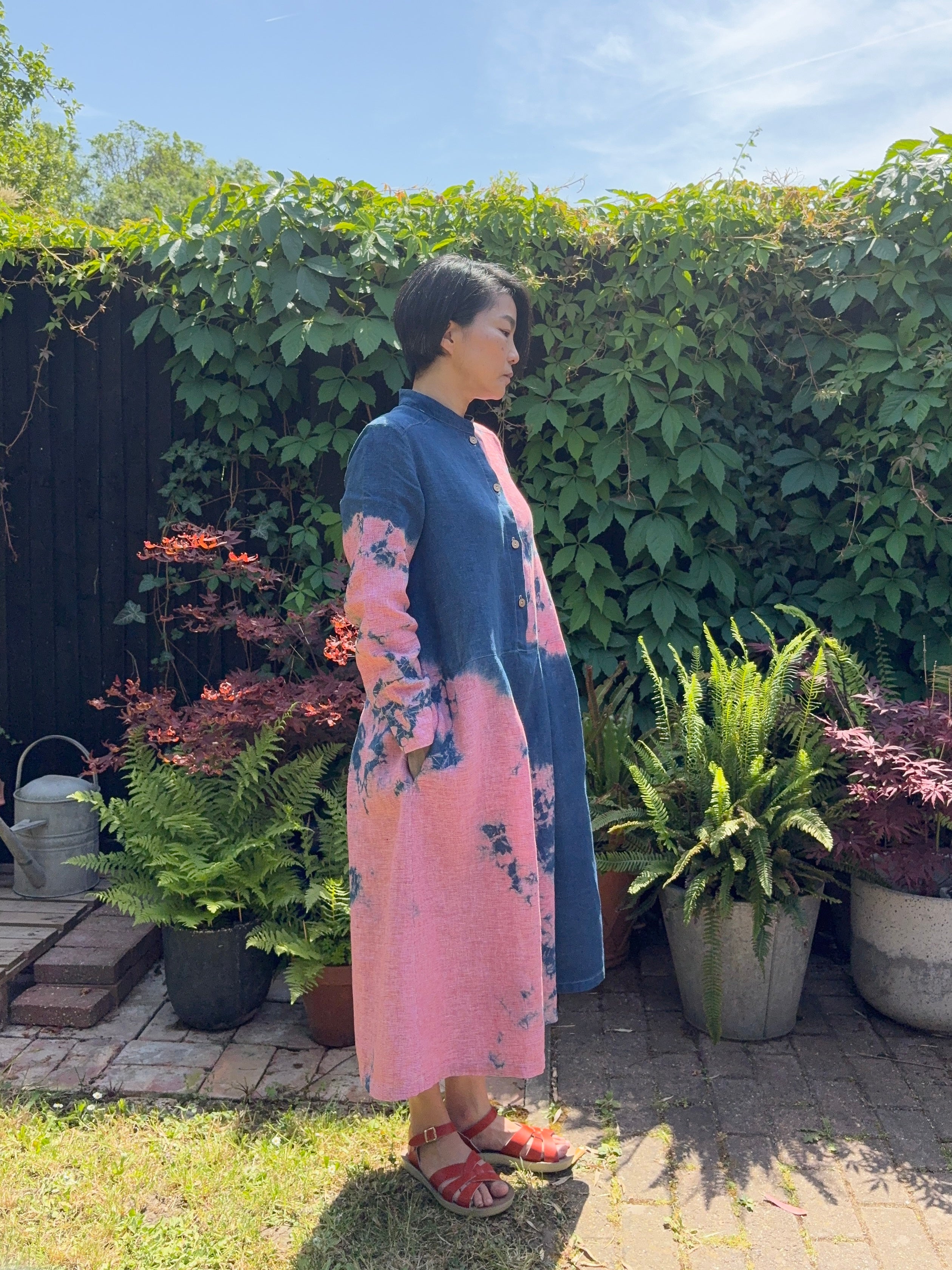 Red dogtooth check Irish linen long sleeve dress dyed with organic indigo