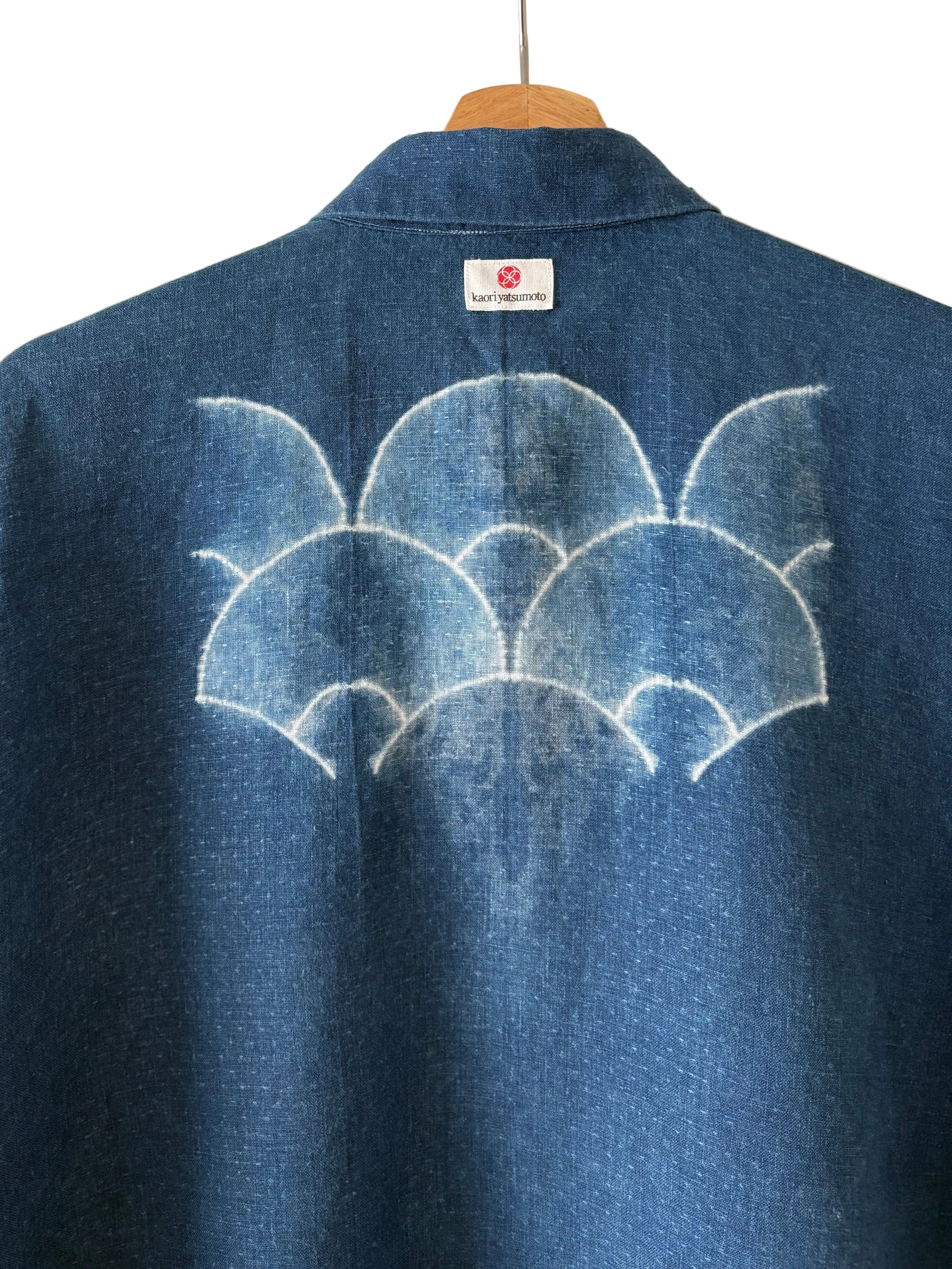 Irish linen half sleeve shirt hand shibori dyed with organic indigo - Seigaiha - wave
