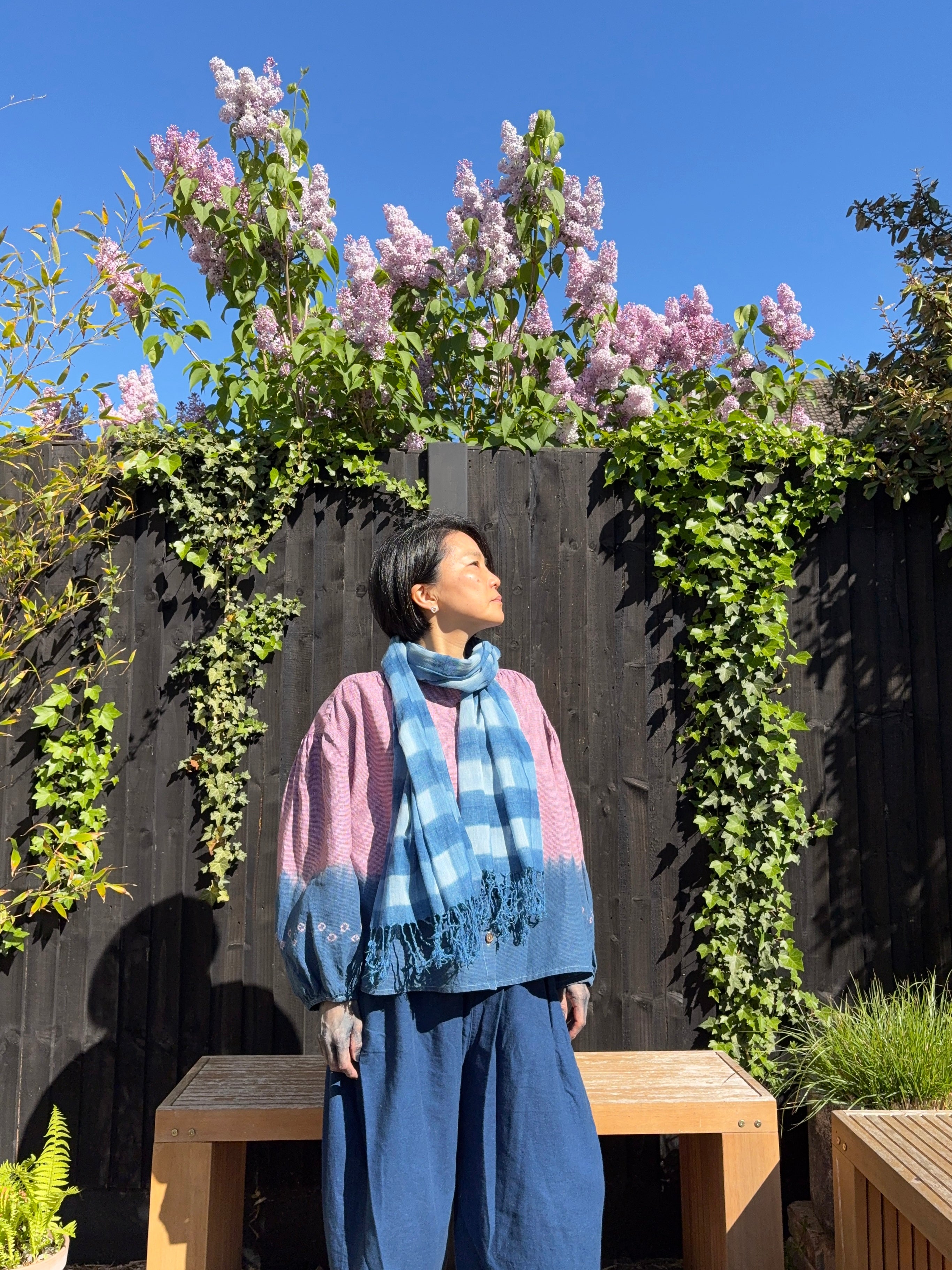 Gauze cotton scarf hand shibori dyed with natural indigo