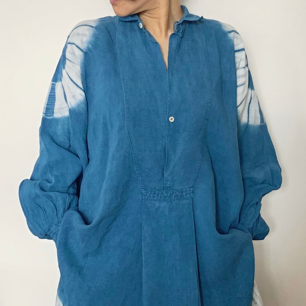 Antique French Smock hand Shibori dyed with indigo image 1