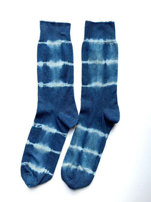 Cotton mix Linen crew socks UK9-11 hand dyed with indigo organic vat image 0