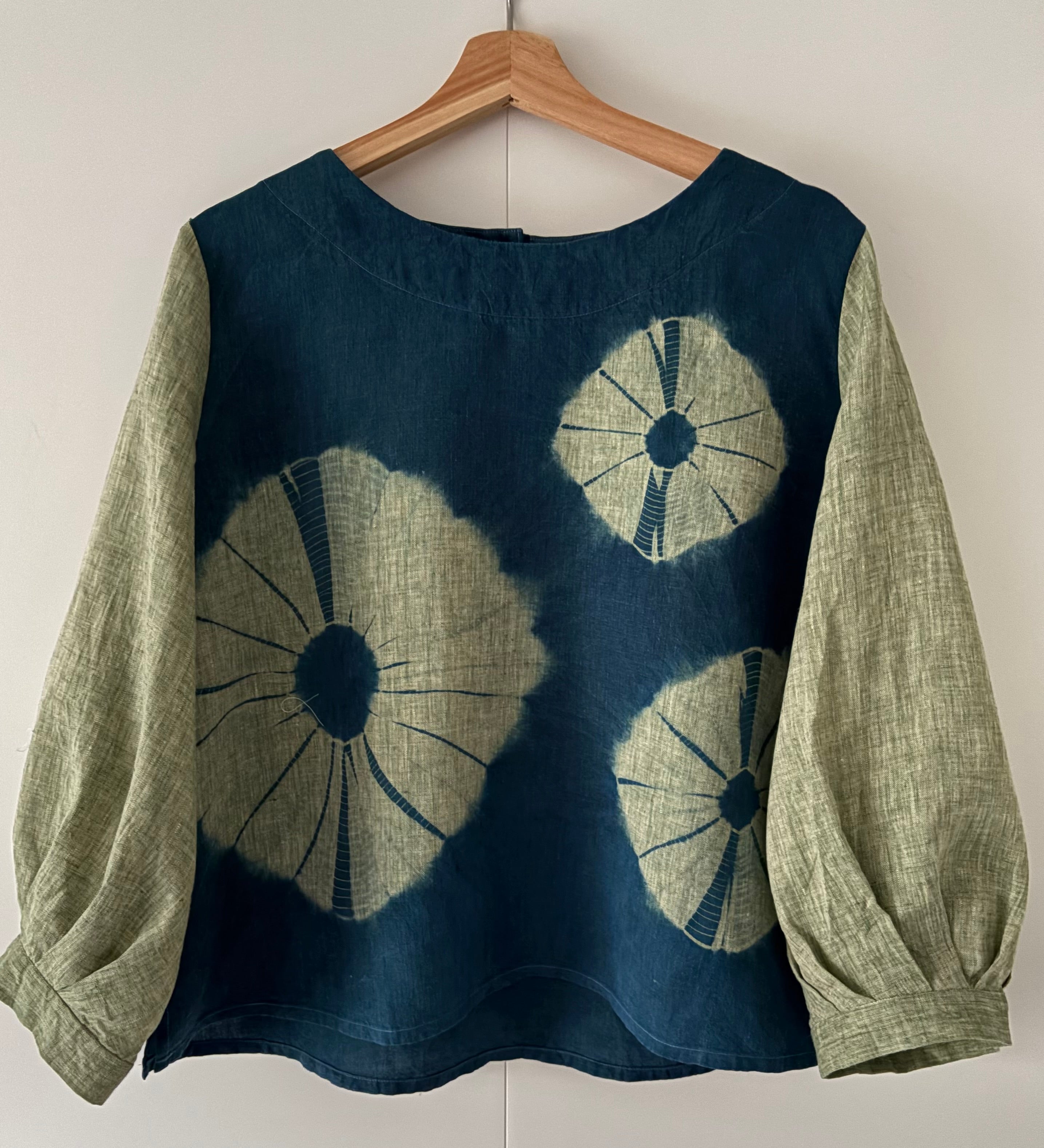 Green Cross Irish linen pullover top Shibori dyed with organic indigo
