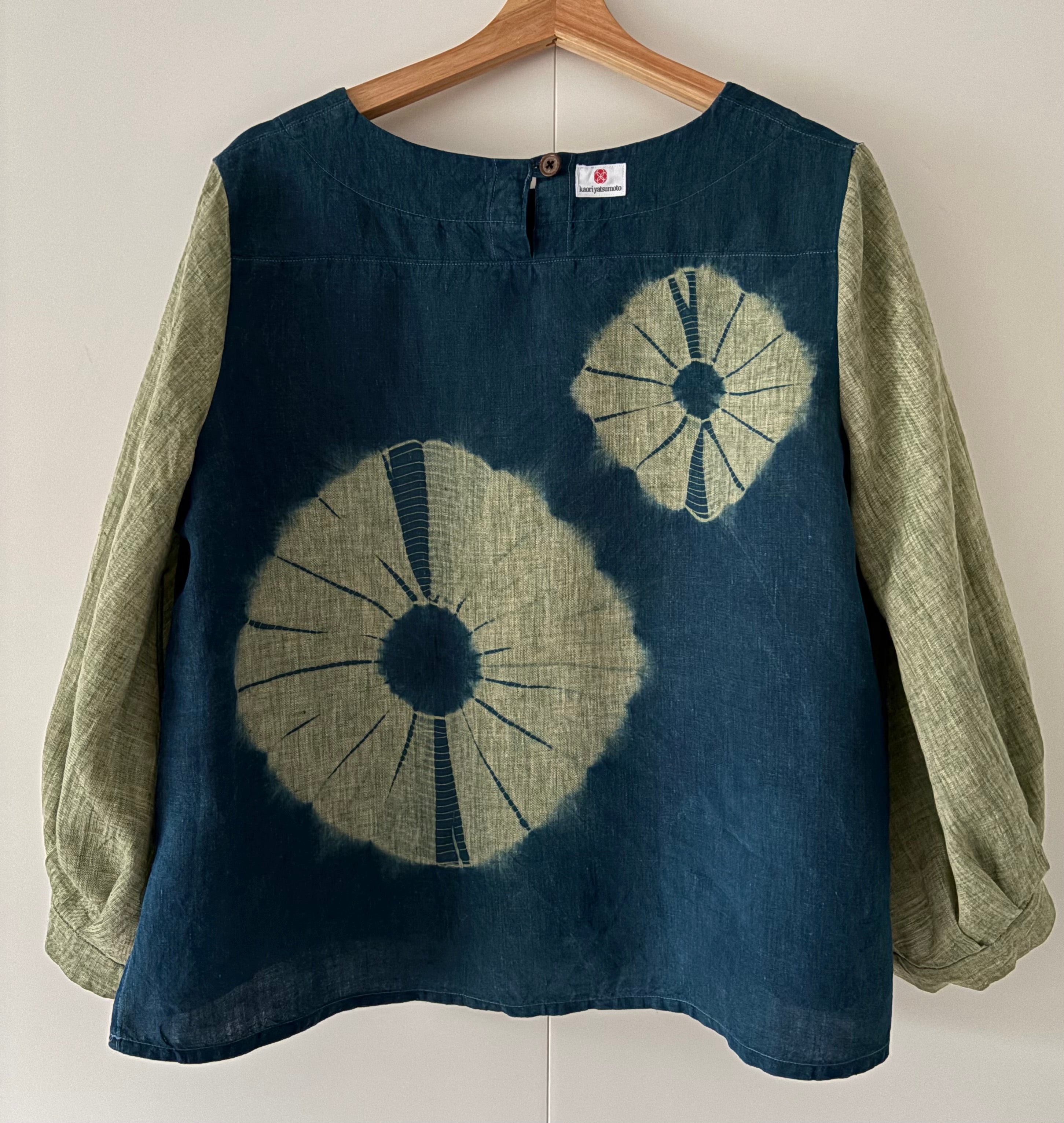 Green Cross Irish linen pullover top Shibori dyed with organic indigo