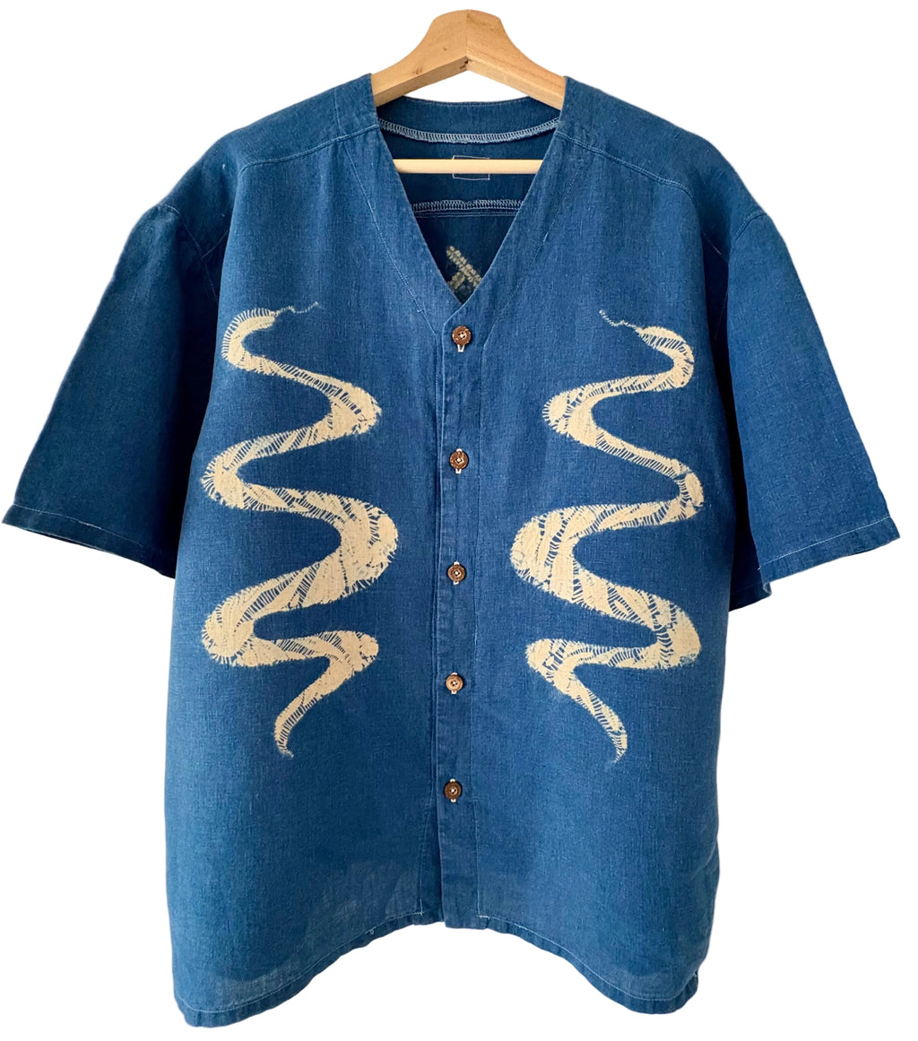 Irish linen baseball shirt dyed with organic indigo - Snakes and ladders - Men’s L