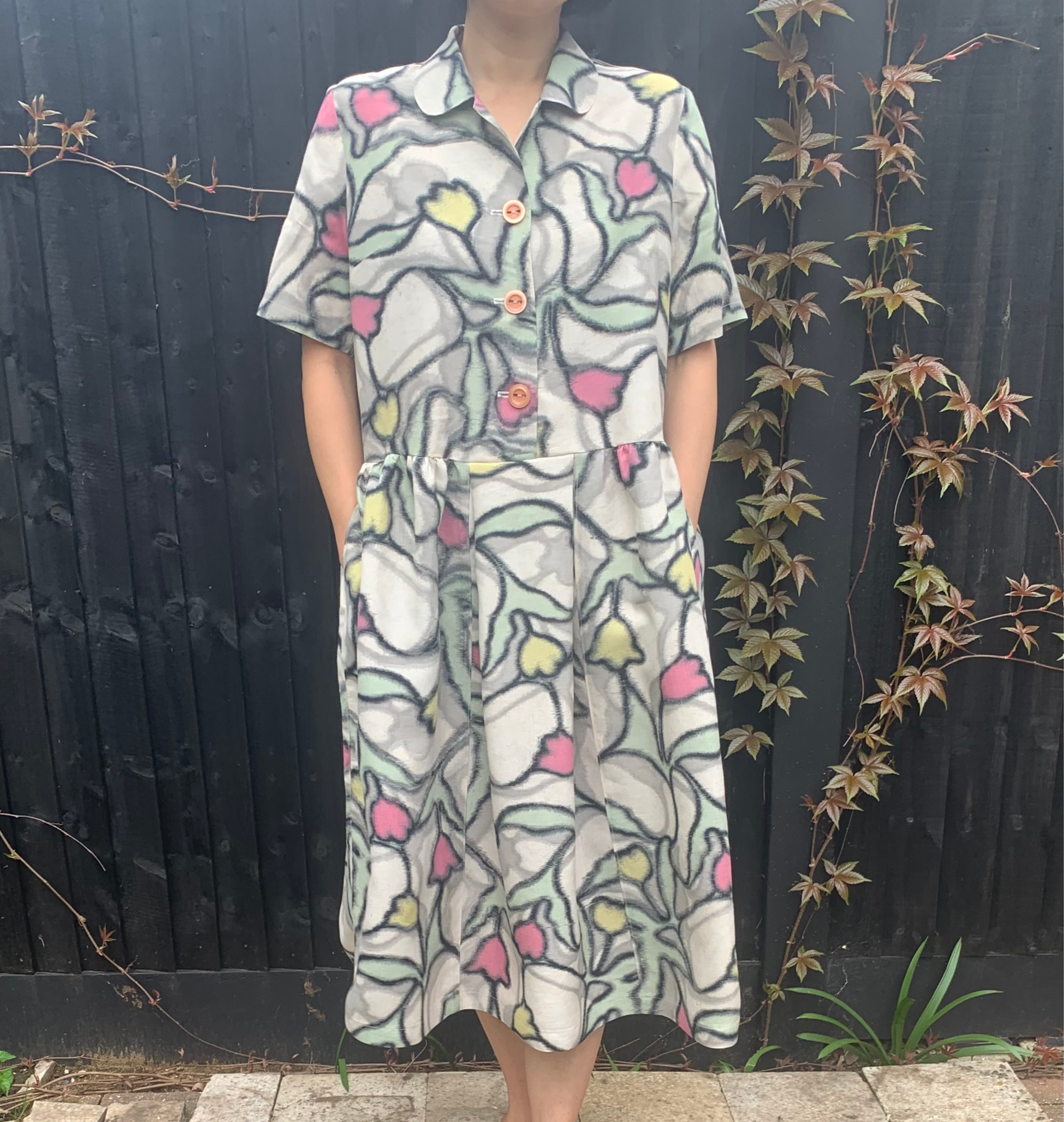 Upcycled Meisen Silk Kimono tulip motif dress with pocket image 0