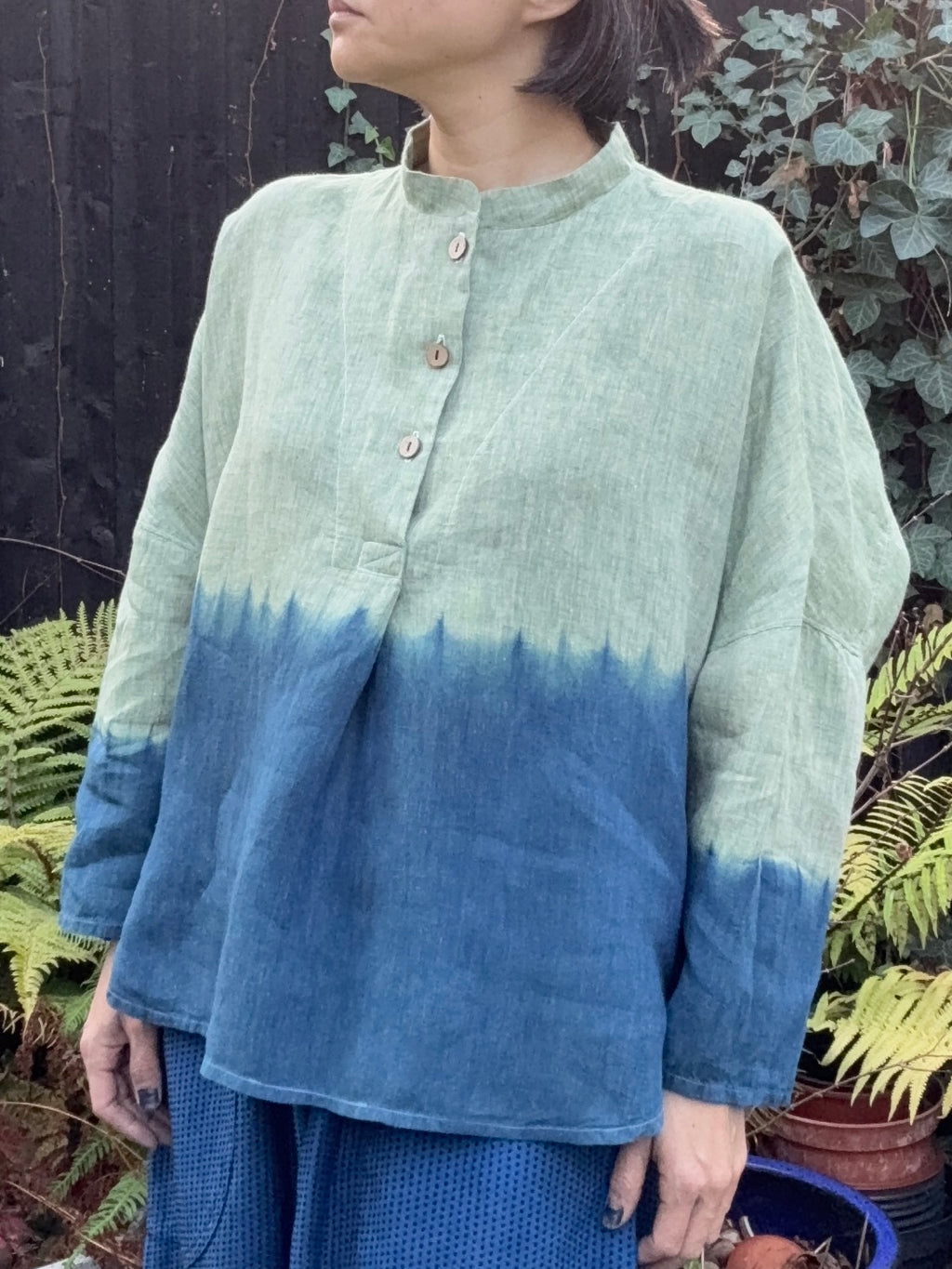 Forest - Green cross Irish linen pullover shibori dyed with organic indigo