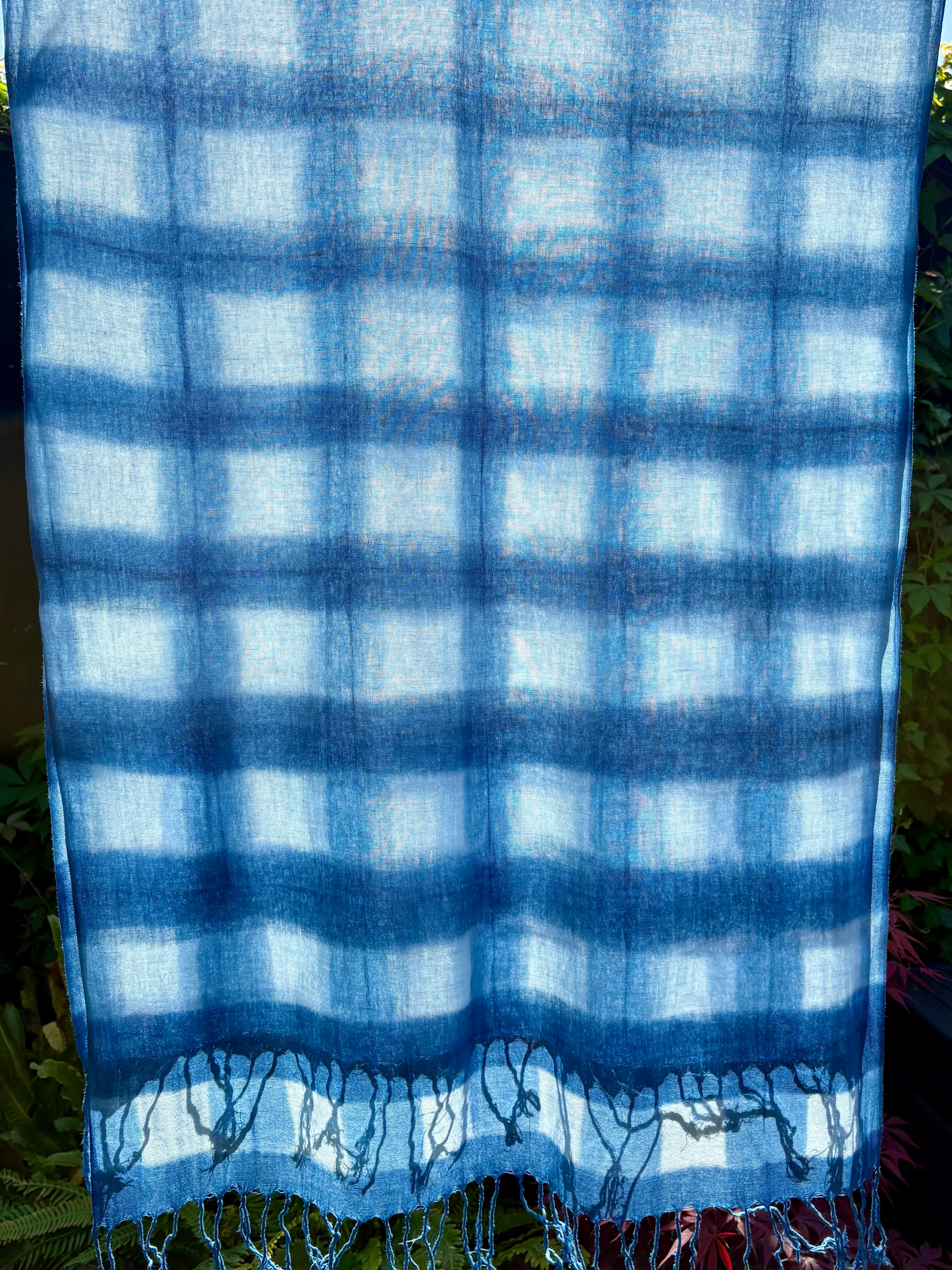 Gauze cotton scarf hand shibori dyed with natural indigo