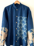 Irish linen shirt hand shibori dyed with organic indigo - Seigaiha - wave  image 0