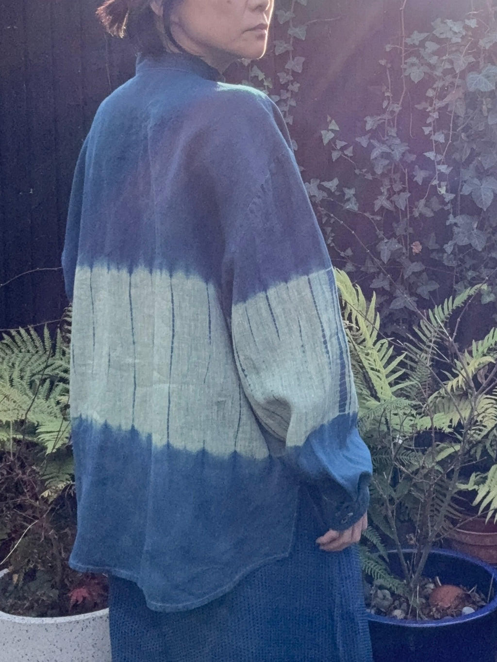 Green cross Irish linen shirt dyed with organic indigo Men's Large  image 1