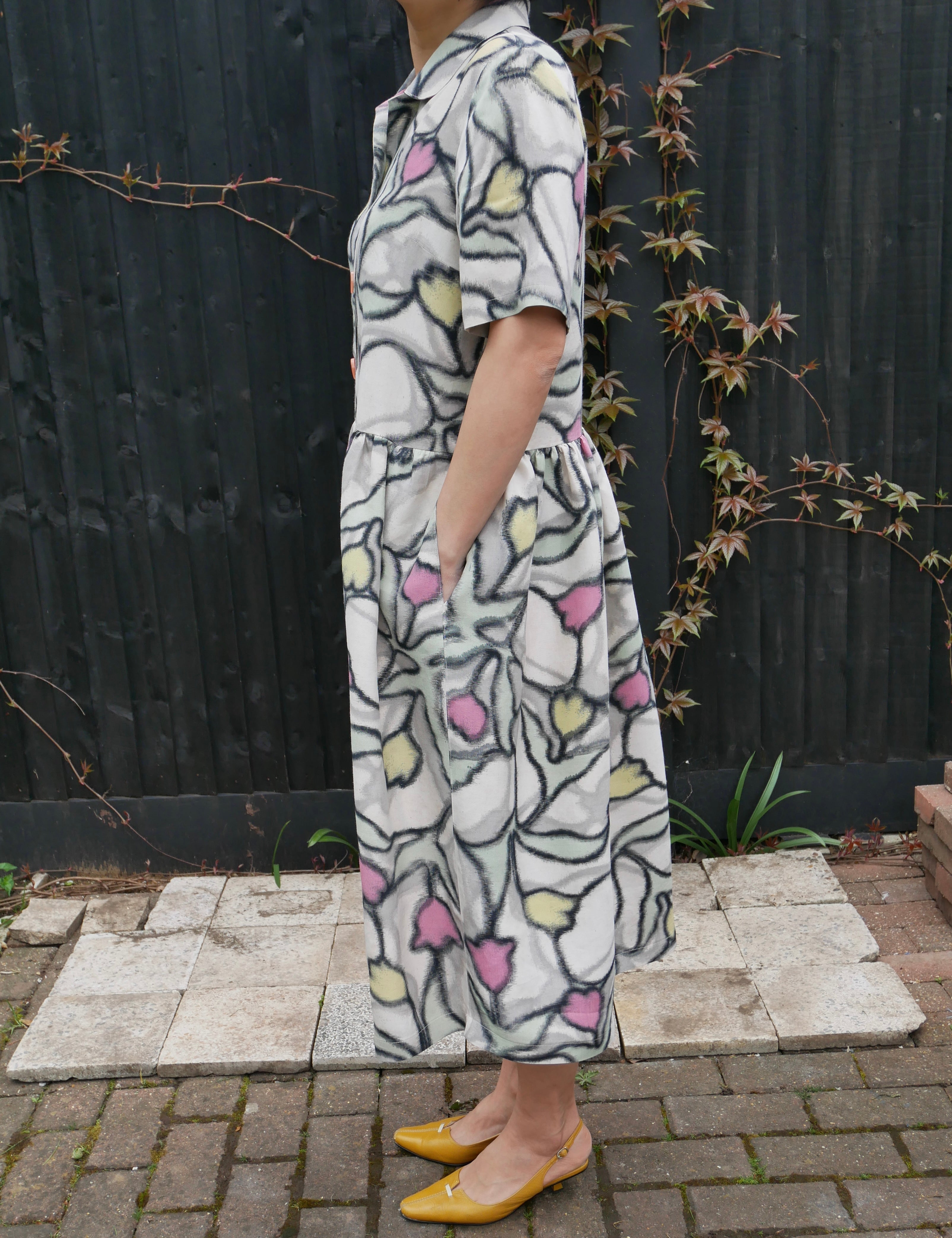 Upcycled Meisen Silk Kimono tulip motif dress with pocket image 2