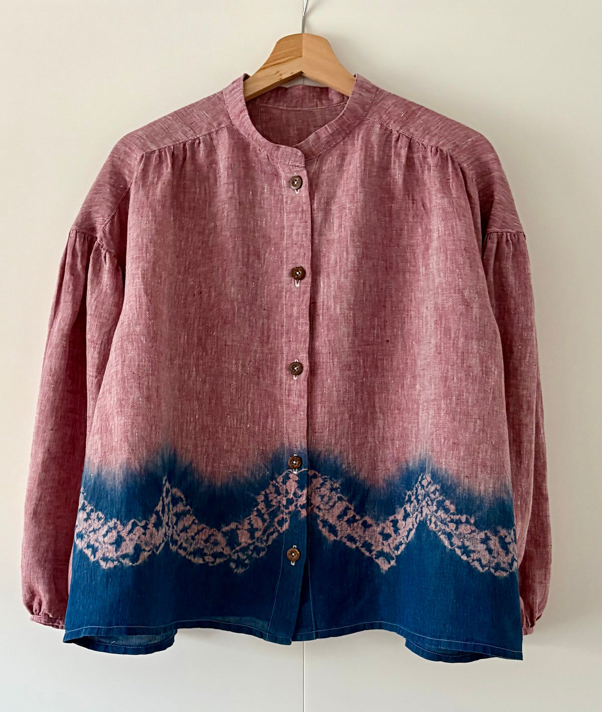 Tsunagu 繋ぐ- connected - Red chambray Irish linen blouse Shibori dyed with organic indigo