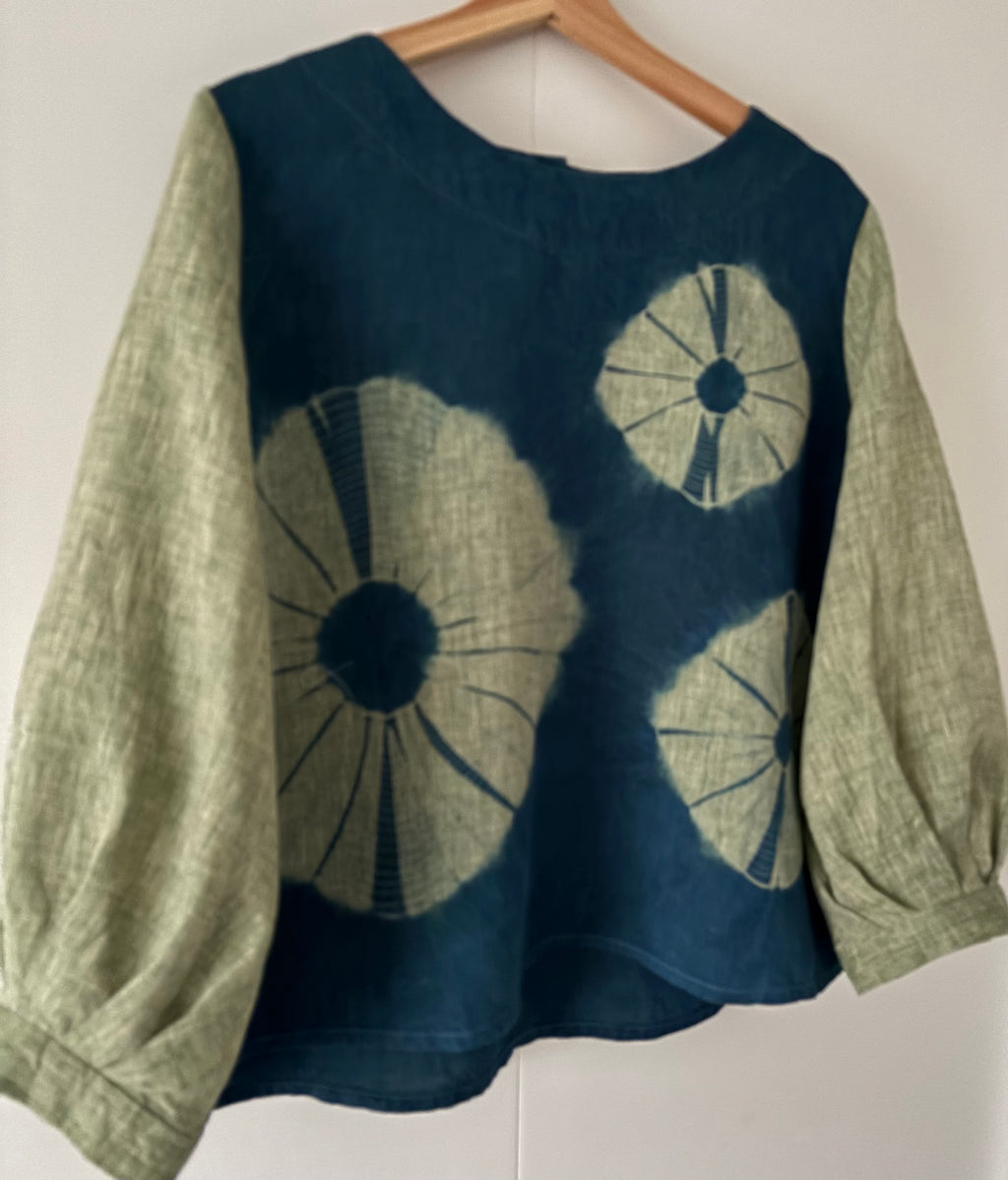 Green Cross Irish linen pullover top Shibori dyed with organic indigo