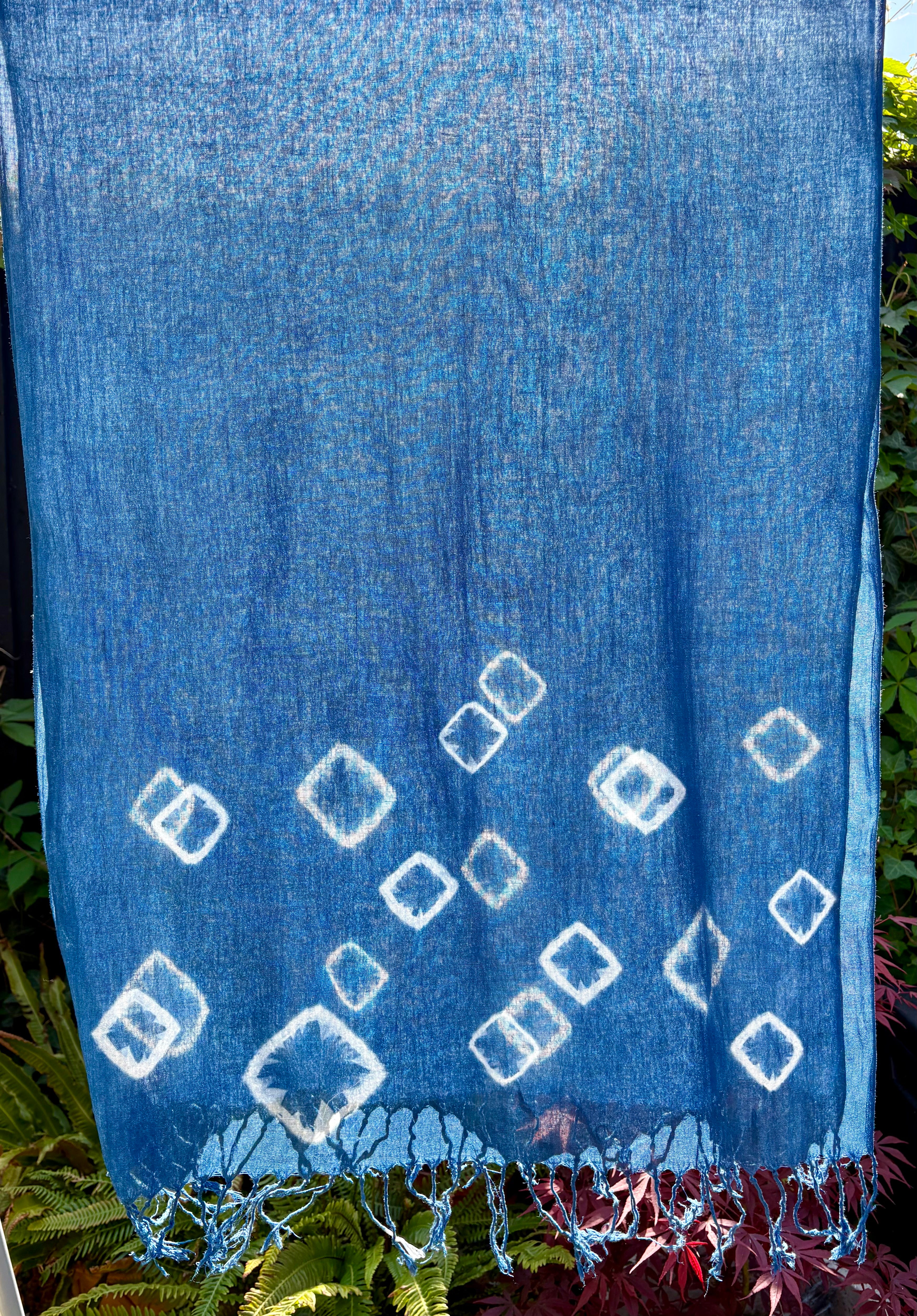 Gauze cotton scarf hand shibori dyed with natural indigo