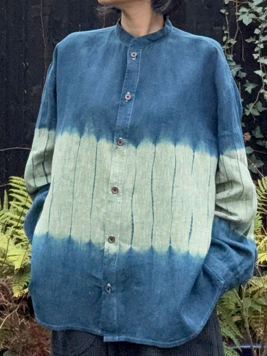 Green cross Irish linen shirt dyed with organic indigo Men's Large  image 4
