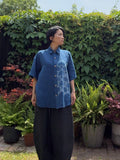 Irish linen half sleeve shirt hand shibori dyed with organic indigo - Seigaiha - wave