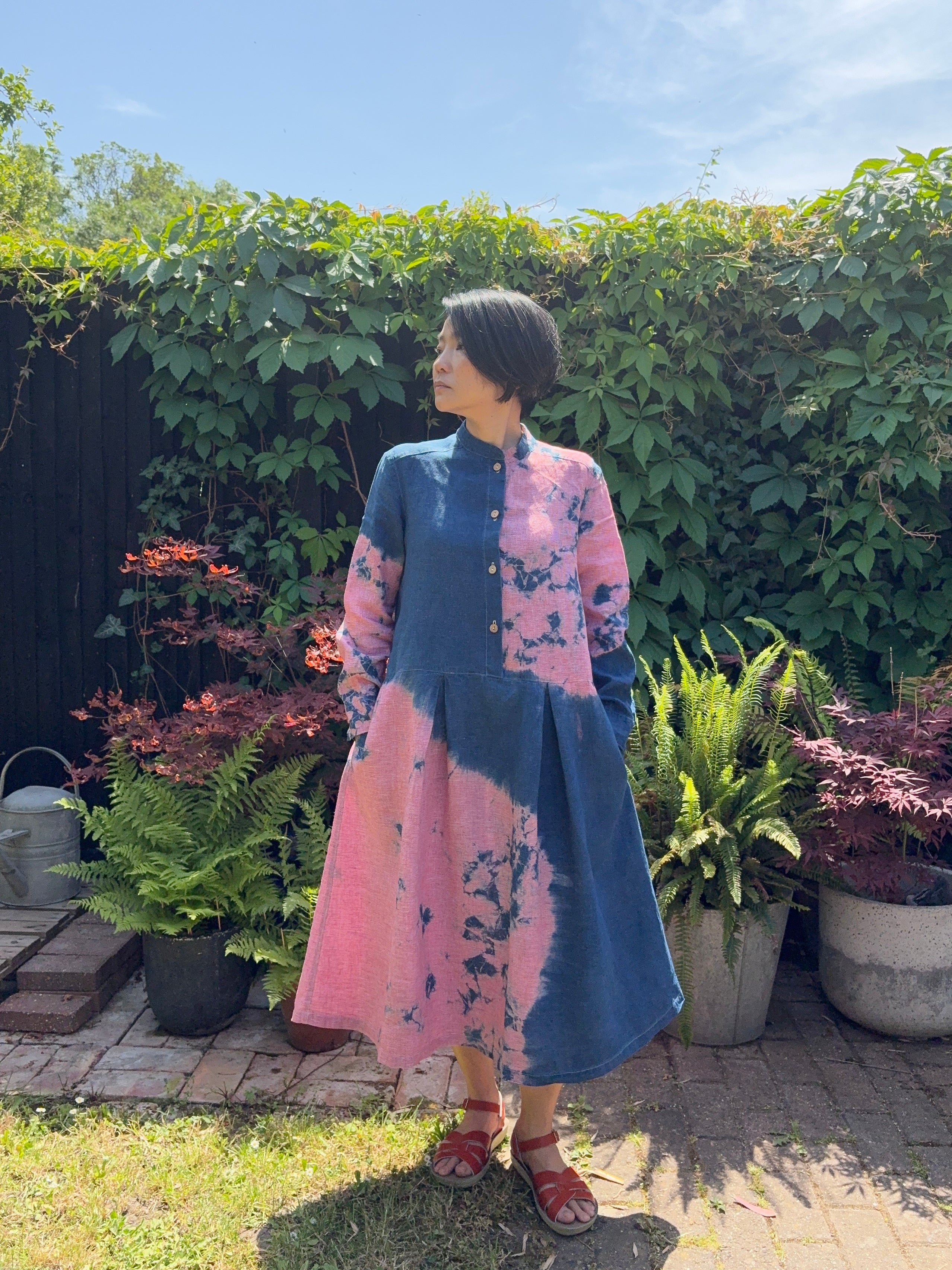 Red dogtooth check Irish linen long sleeve dress dyed with organic indigo
