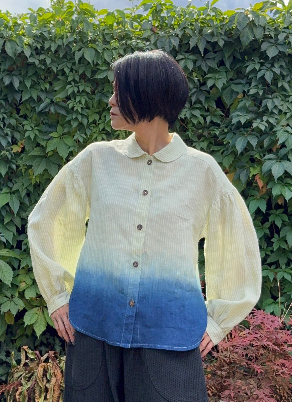 SEIHA 清波 - stillness - Lime Green stripe Irish linen blouse dyed with organic indigo