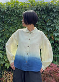 SEIHA 清波 - stillness - Lime Green stripe Irish linen blouse dyed with organic indigo