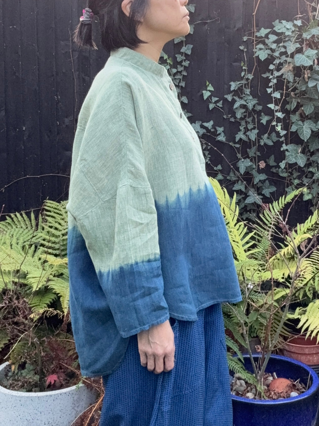 Forest - Green cross Irish linen pullover shibori dyed with organic indigo