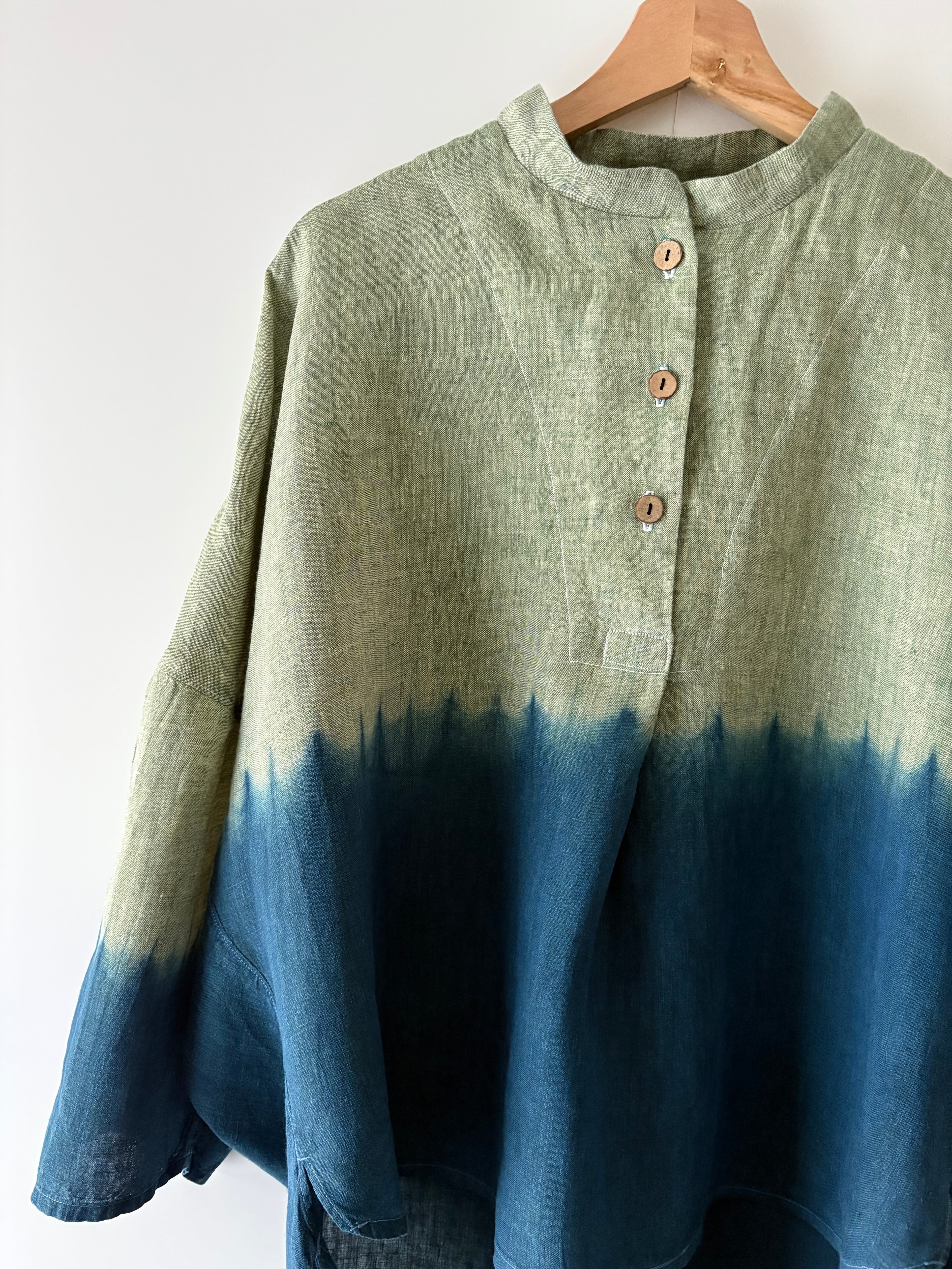 Forest - Green cross Irish linen pullover shibori dyed with organic indigo