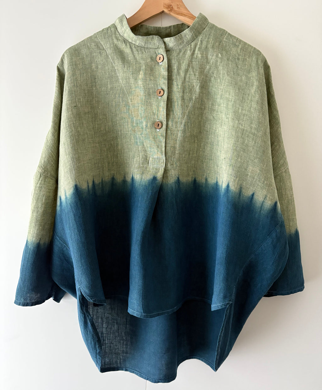 Forest - Green cross Irish linen pullover shibori dyed with organic indigo