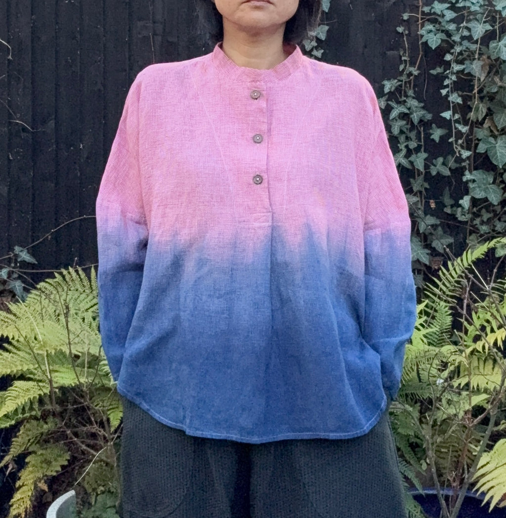 Akafuji - dogtooth checked Irish linen pullover shibori dyed with organic indigo