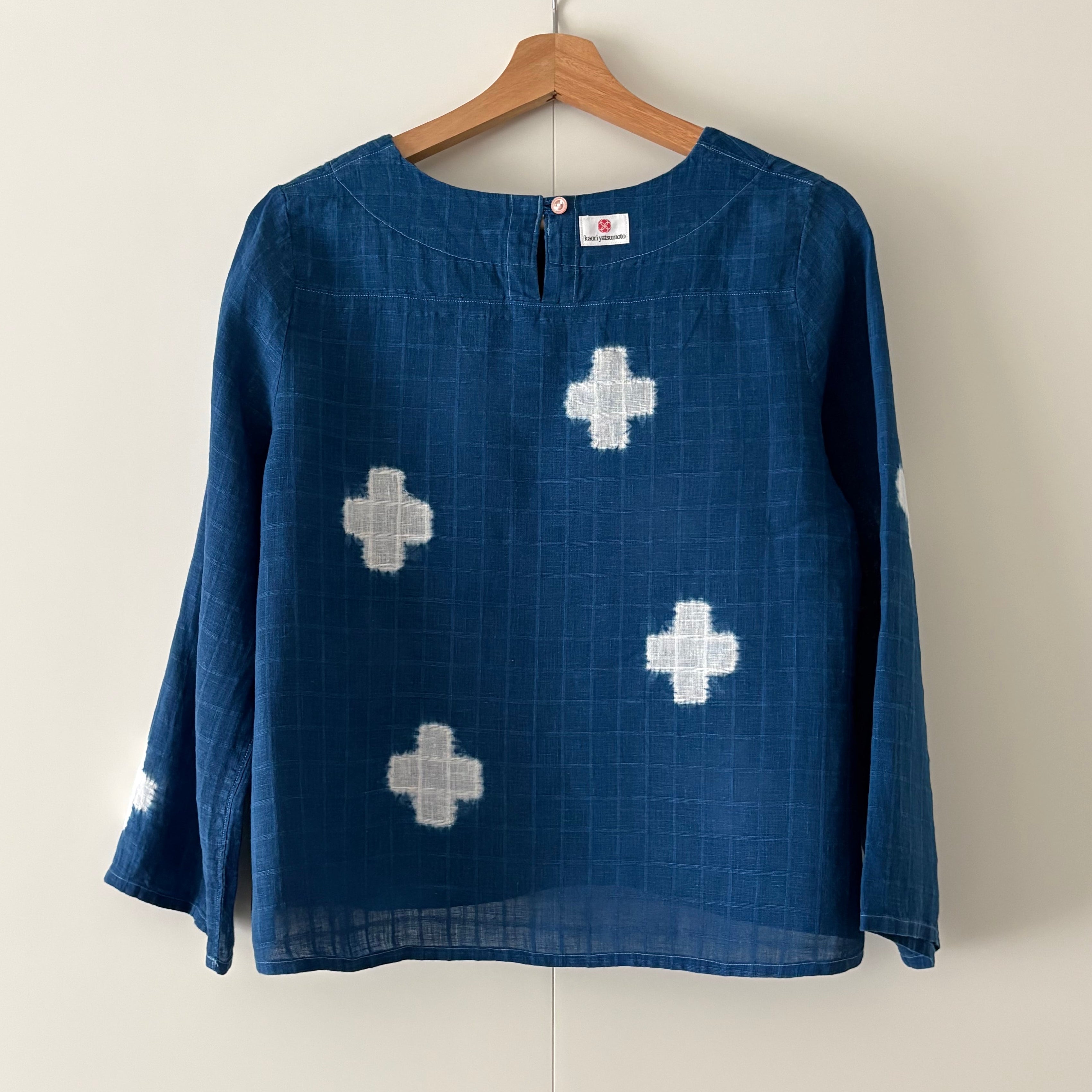 Jaquard checked Irish linen pullover shibori dyed with indigo UK8-10