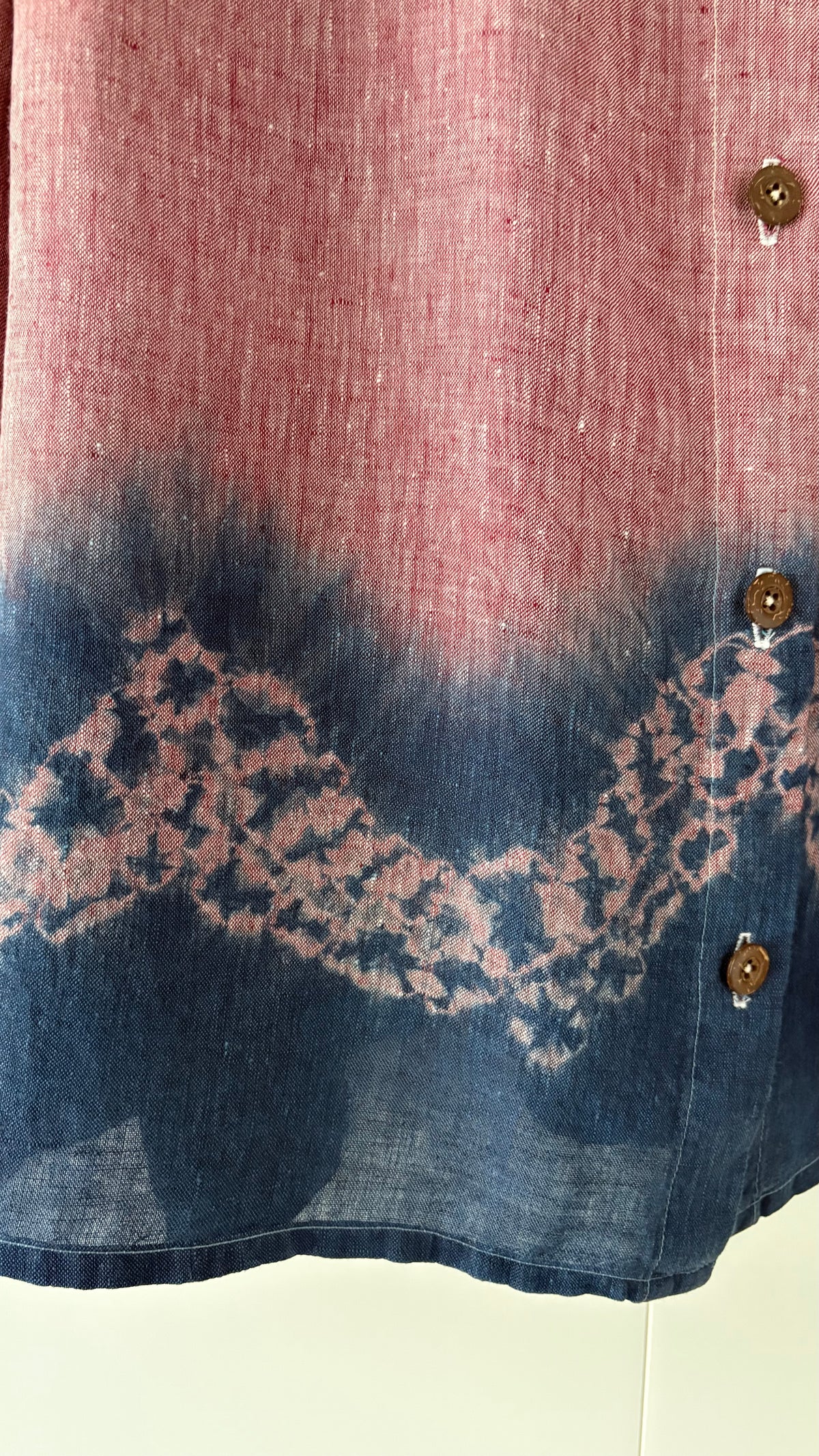 Tsunagu 繋ぐ- connected - Red chambray Irish linen blouse Shibori dyed with organic indigo