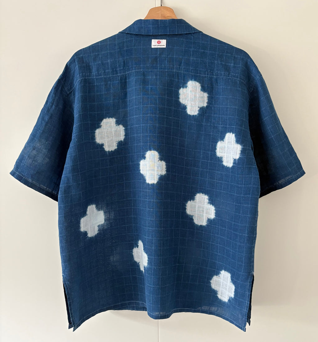 Jacquard checked Irish linen open collar shirt dyed with organic indigo - Juji - Men’s M