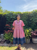 Red dogtooth check Irish linen half sleeve dress with open collar, dyed with organic indigo