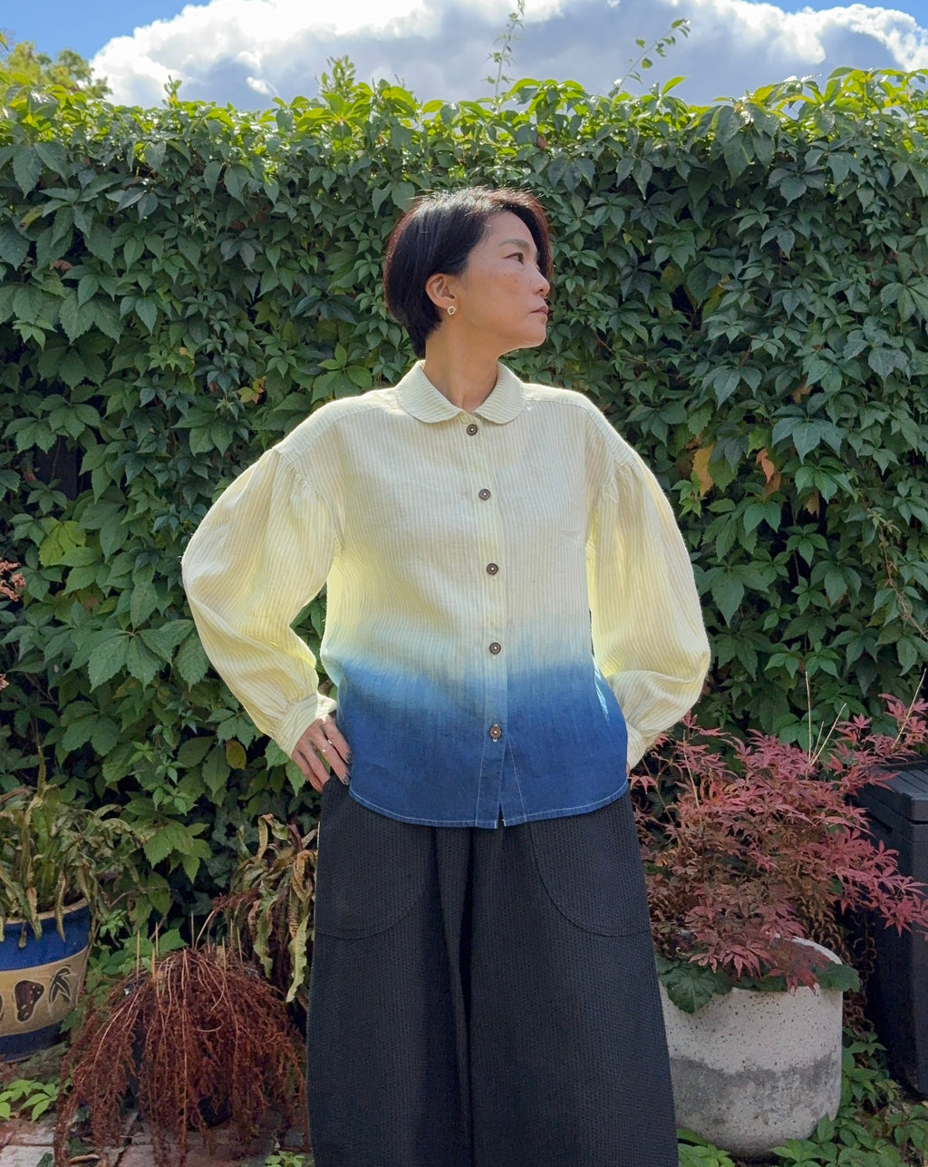 SEIHA 清波 - stillness - Lime Green stripe Irish linen blouse dyed with organic indigo