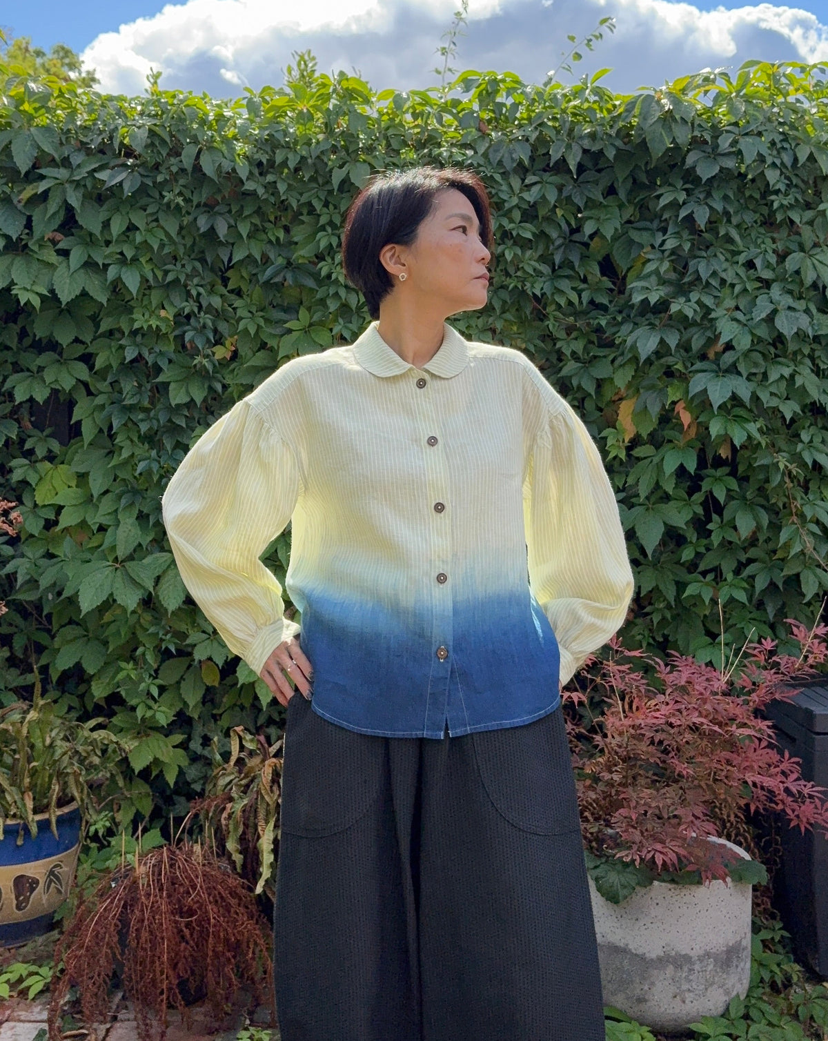 SEIHA 清波 - stillness - Lime Green stripe Irish linen blouse dyed with organic indigo