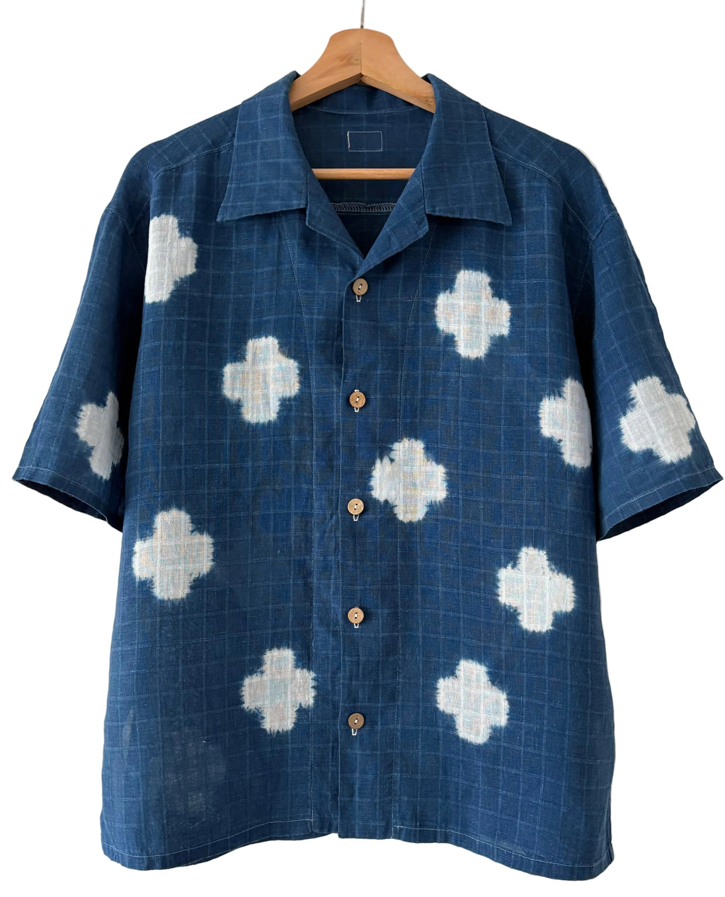 Jacquard checked Irish linen open collar shirt dyed with organic indigo - Juji - Men’s M