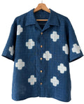 Jacquard checked Irish linen open collar shirt dyed with organic indigo - Juji - Men’s M