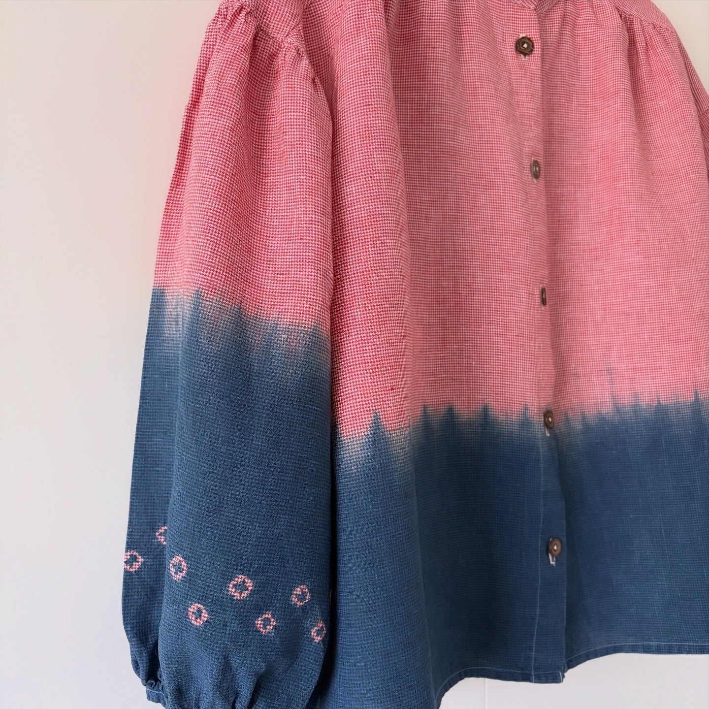 Reserved - Dogtooth checked Irish linen blouse shibori dyed with organic indigo fructose vat