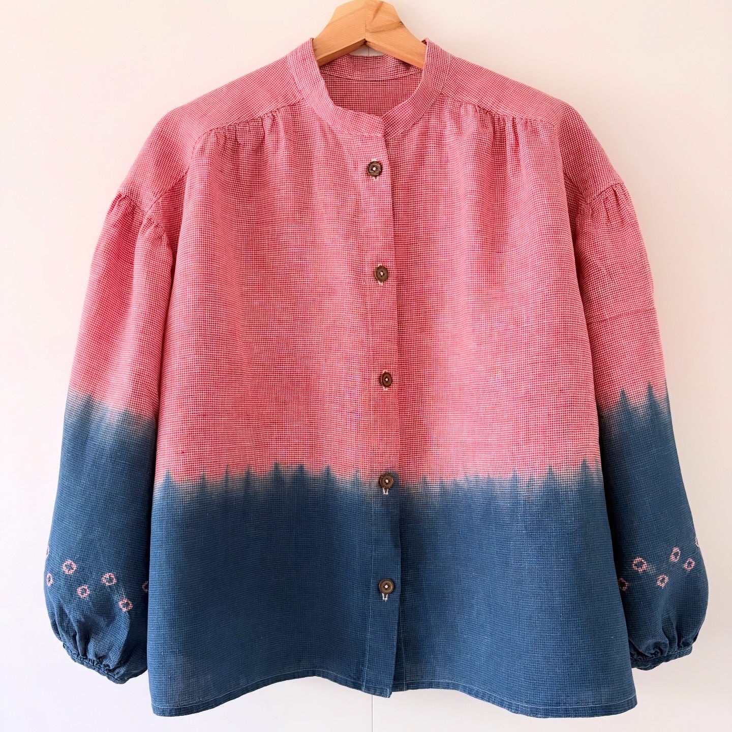Reserved - Dogtooth checked Irish linen blouse shibori dyed with organic indigo fructose vat