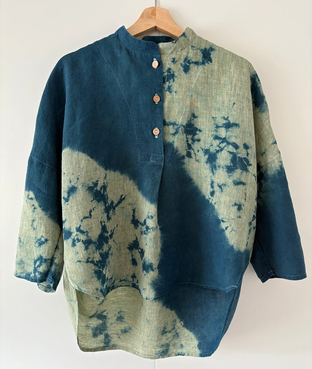 Foraging - Green cross Irish linen pullover shibori dyed with organic indigo