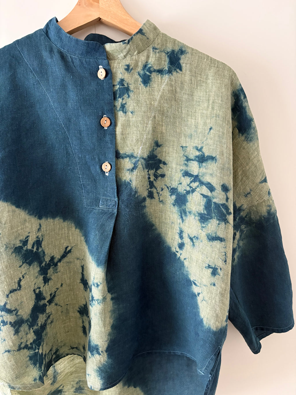 Foraging - Green cross Irish linen pullover shibori dyed with organic indigo