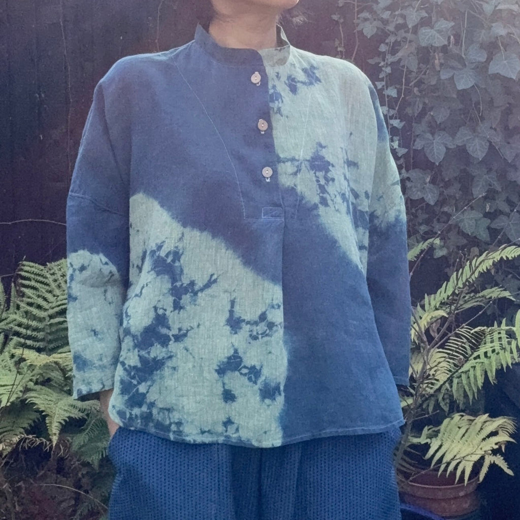 Foraging - Green cross Irish linen pullover shibori dyed with organic indigo