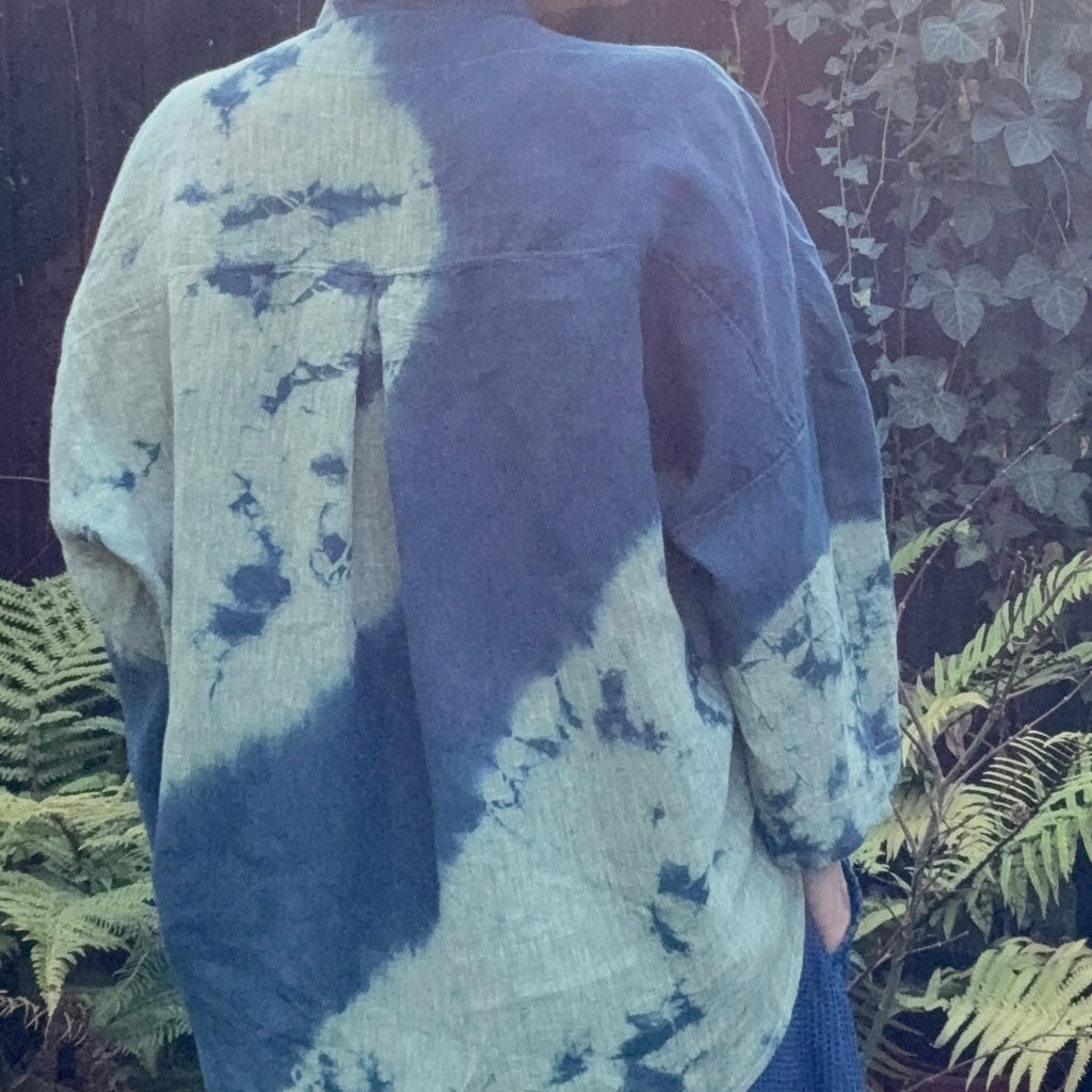 Foraging - Green cross Irish linen pullover shibori dyed with organic indigo