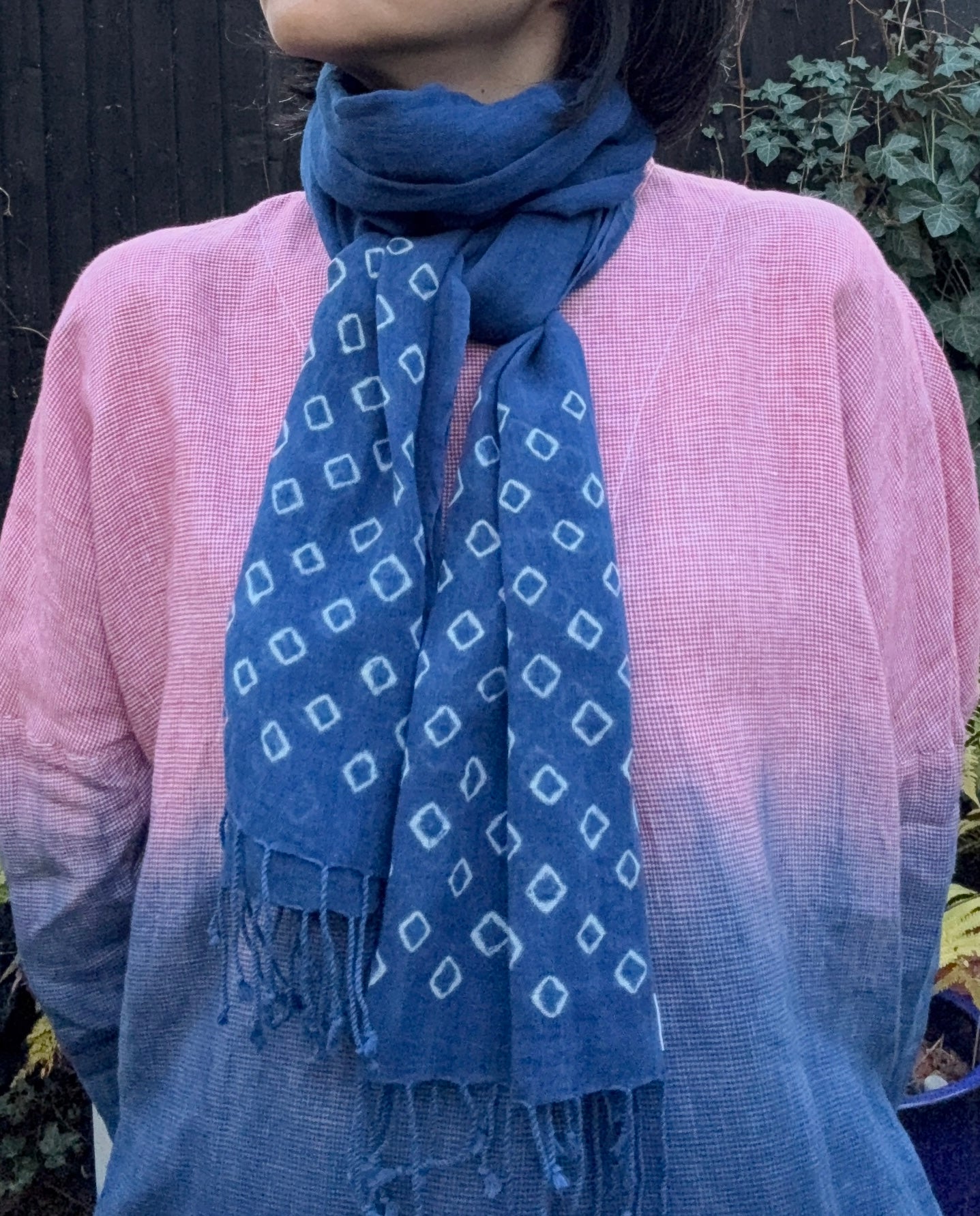 Linen and cotton blend scarf hand shibori dyed with organic natural indigo