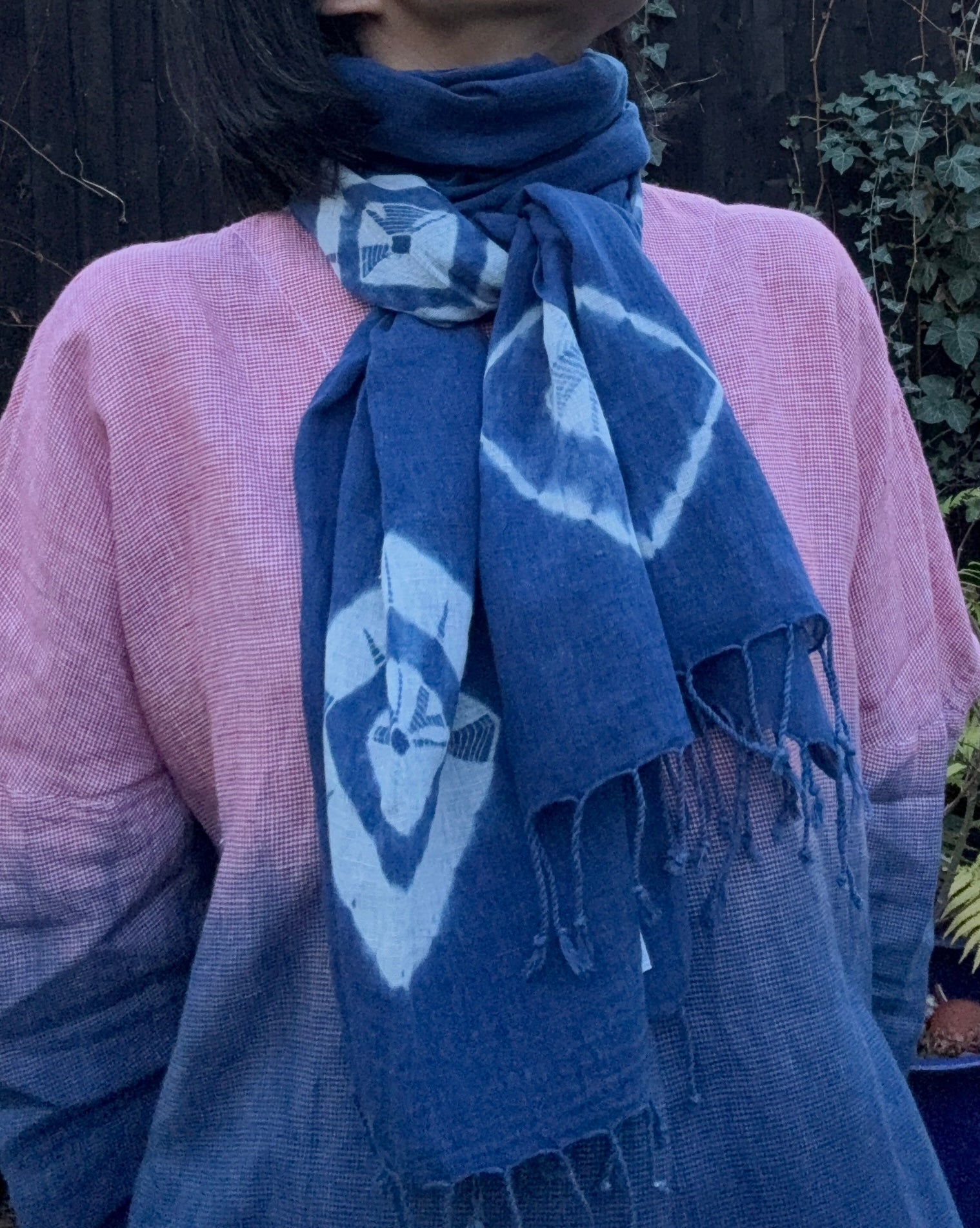 Linen and cotton blend scarf hand shibori dyed with organic natural indigo