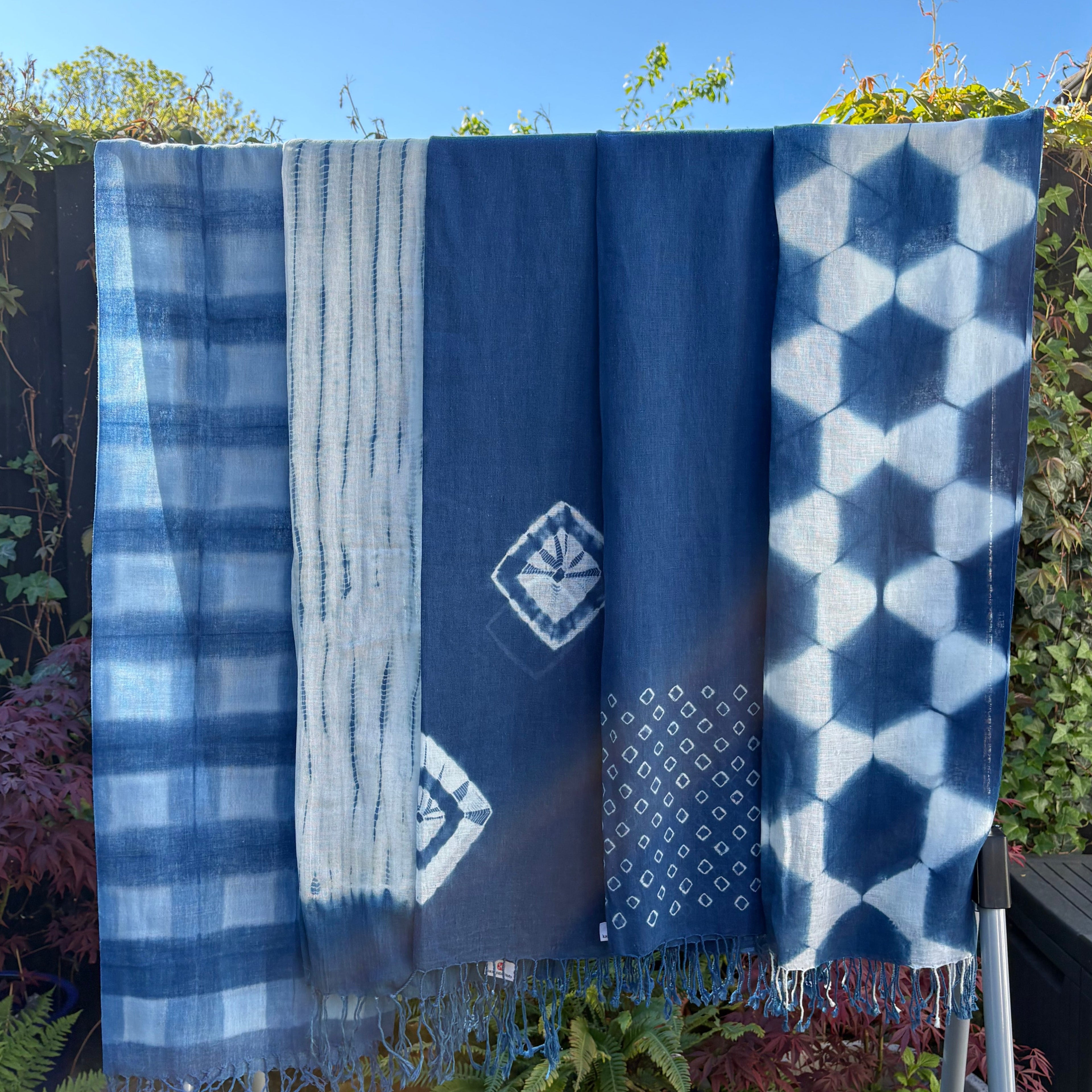 Linen and cotton blend scarf hand shibori dyed with organic natural indigo